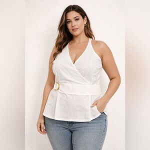 White Wrap Halter Blouse XL | Sleeveless V-Neck Peplum Top with Belt | New